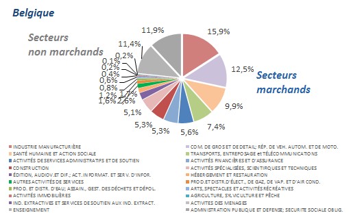 Répartition des rémunérations brutes des salariés selon le secteur d’activité, région de Bruxelles-Capitale et Belgique, 2011